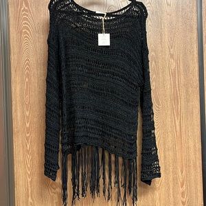 Black lightweight crochet sweater with long fringe